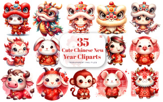 Cute Chinese Lunar Year Clipart, Chinese Zodiac Baby Red Dragon Lion Dance New Year _PNG