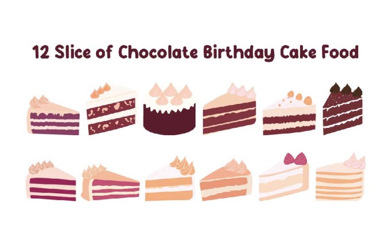 12 Slice of Chocolate Birthday Cake Food Illustration