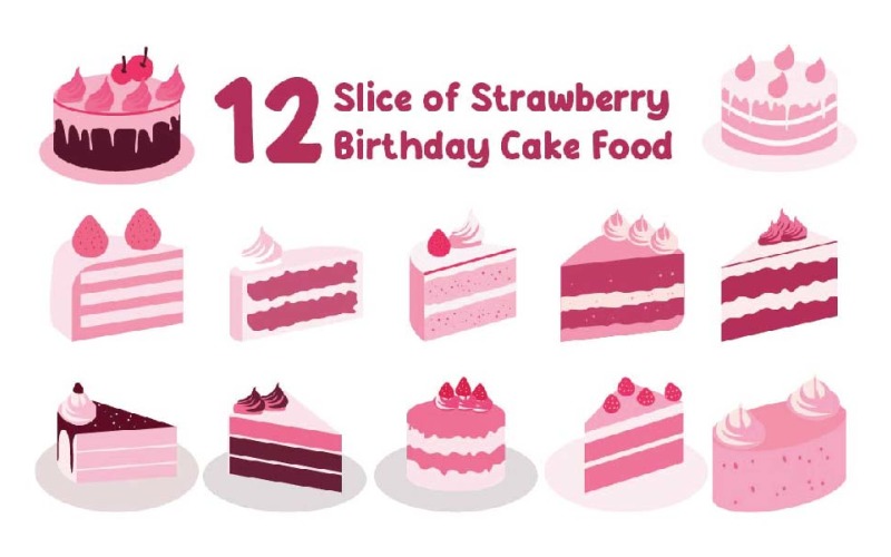 12 Slice of Strawberry Birthday Cake Food Illustration
