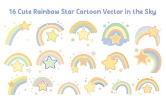 16 Cute Rainbow Star Cartoon Vector in the Sky