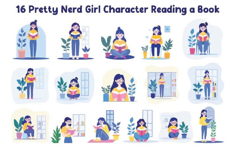 16 Pretty Nerd Girl Character Reading a Book Illustration