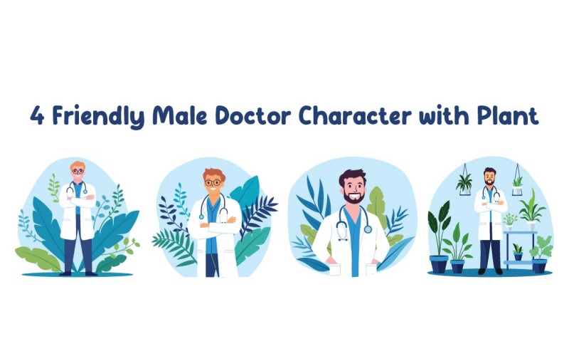 4 Friendly Male Doctor Character with Plant Illustration