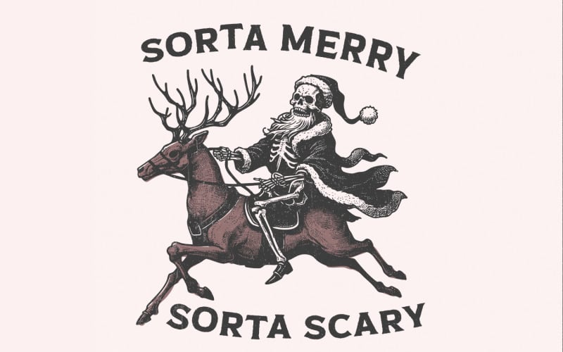 Sorta Merry Sorta Scary PNG, Skeleton Christmas PNG, Festive Clipart, Cute Skeleton Art, Halloween Illustration