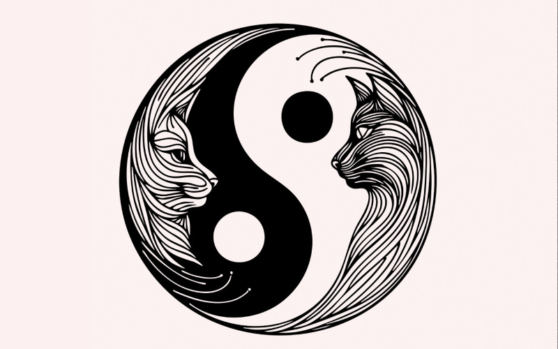 Yin Yang Cats png, Cat Silhouette, Vintage Cats, Black White Cat Clipart, Cute Cats png, Yinyang Illustration
