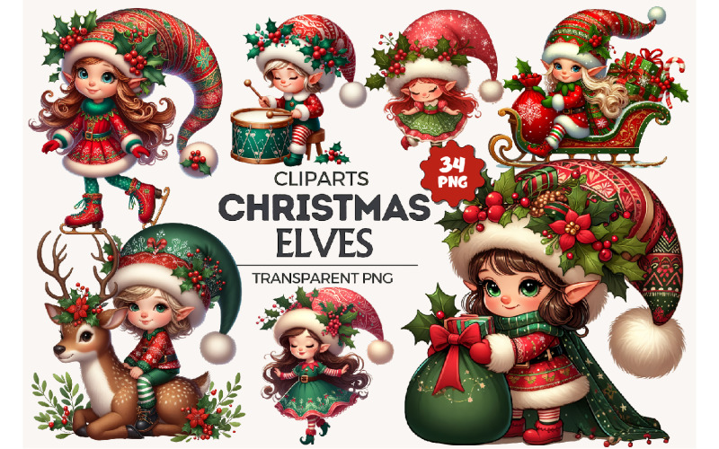 Cute Christmas elves. Clipart, PNG. Illustration