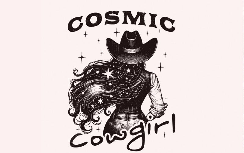 Retro Cosmic Cowgirl PNG, Starry Night Cowgirl, Western png, Vintage Bohemian Designs, Trendy Illustration