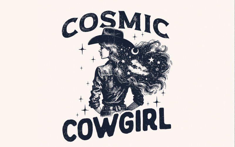 Retro Cosmic Cowgirl PNG, Starry Night Space Cowgirl, Western png, Vintage Bohemian Designs, Trendy Illustration