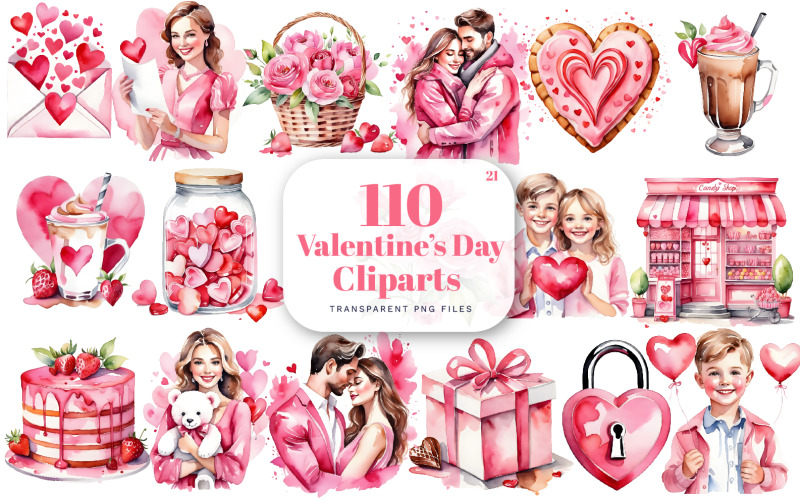Watercolor Happy Valentines Day Cliparts Bundle Illustration