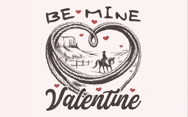 Be Mine Valentine PNG, Retro Valentine Png, Western Cowboy Png, Sublimation Designs, Valentines Day Illustration