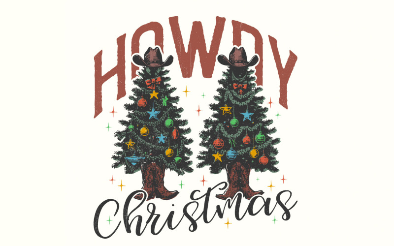 Howdy Christmas PNG, Western Christmas PNG, Retro Christmas Tree PNG, Cowgirl Christmas, Western Illustration