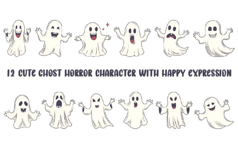 12 Cute Ghost Horror Character with Happy Expression Illustration