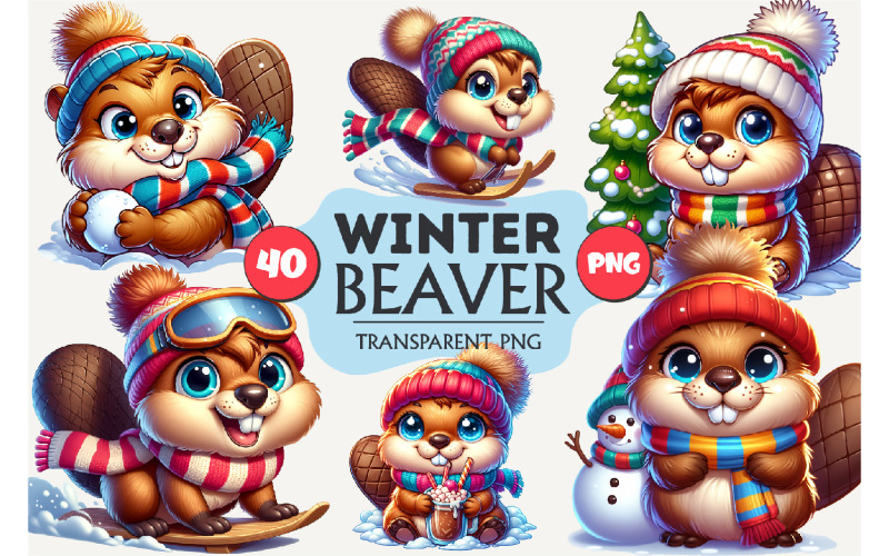 Cute Winter Beaver. Clipart, PNG. Illustration