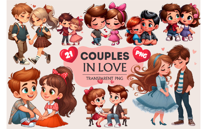 Cute cartoon couples in love. Valentine's Day, PNG. Illustration