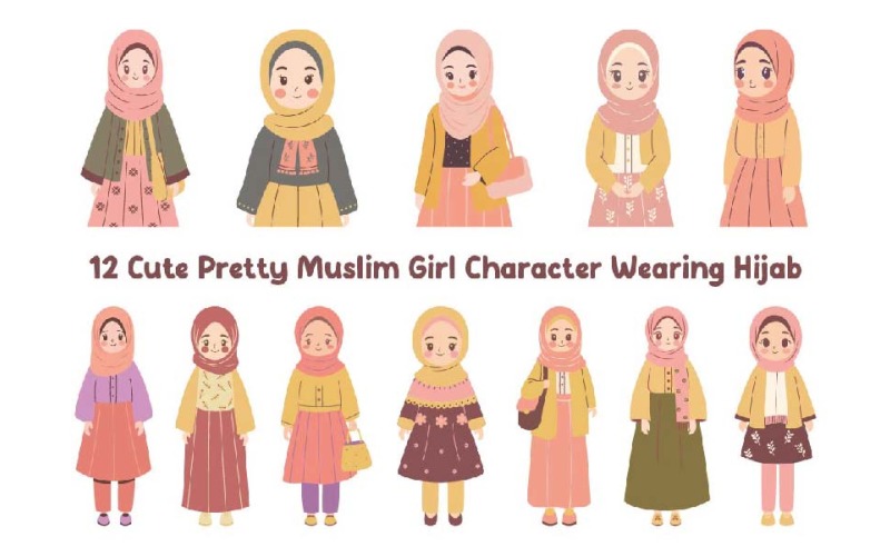 12 Cute Pretty Muslim Girl Character Wearing Hijab Illustration