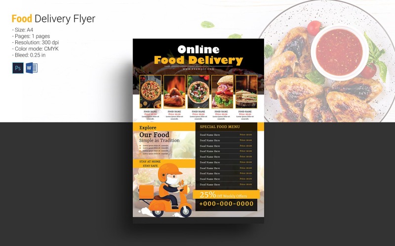 Restaurant Food Delivery Flyer Template. Word & Psd Corporate Identity