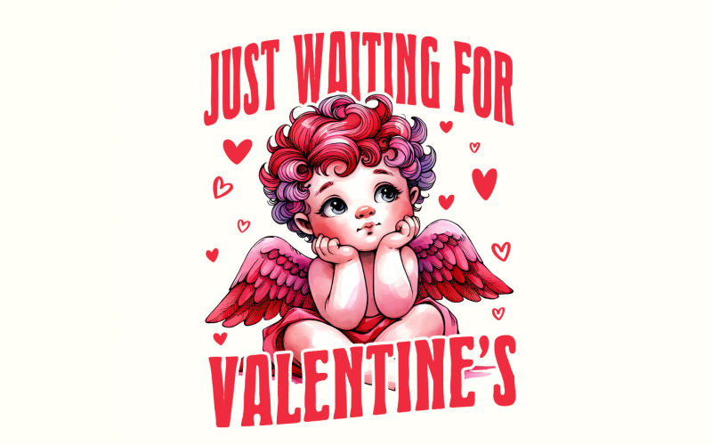 Just Waiting For Valentine's Png, Retro Valentine Png, Baby Cupid Png, Valentine Day Png, Love Png, Illustration