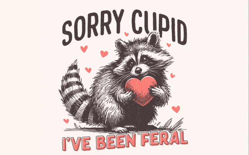 Sorry Cupid I've Been Feral, Funny Raccoon Valentines Day PNG, Retro Valentine PNG, Snarky Raccoon Illustration