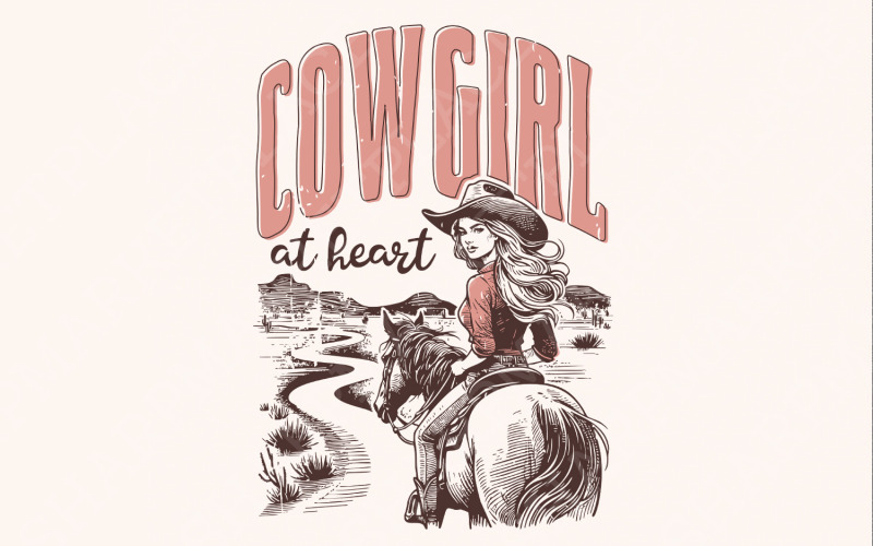 Cowgirl at Heart PNG, Western Valentines Png, Cowgirl T-Shirt Png, Retro Western Design, Bronc Illustration
