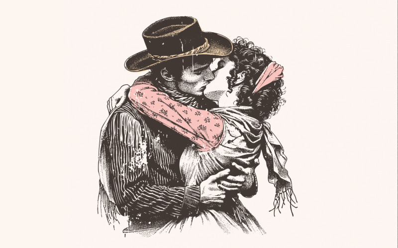Retro Cowboy Cowgirl Kiss PNG, Vintage Illustration, Digital Download, Trendy Western Valentine,