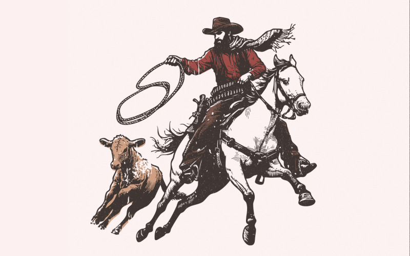 Retro Cowboy Lasso PNG, Western Rodeo Art, Vintage Cowboy png, Wild West Scene, Retro Illustration,