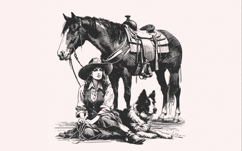 Retro Cowgirl Dog PNG, Western Wild West Digital Download, Cowboy Dog Vintage Farmhouse Design, Illustration