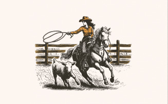 Retro Cowgirl Lasso PNG, Western Rodeo Art, Vintage Cowgirl png, Wild West Scene, Retro