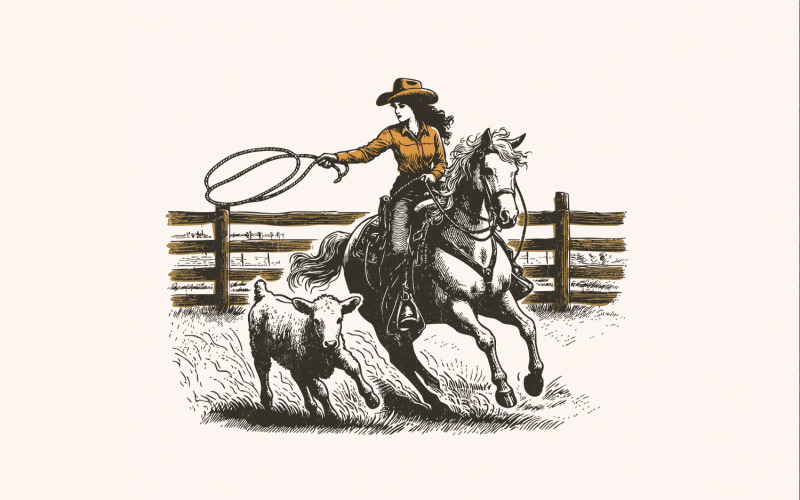 Retro Cowgirl Lasso PNG, Western Rodeo Art, Vintage Cowgirl png, Wild West Scene, Retro Illustration