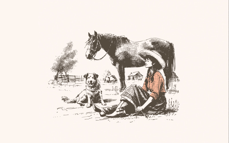 Retro Cowgirl PNG, Western Wild West Digital Download, Cowboy Dog Vintage Farmhouse Design, Country Illustration