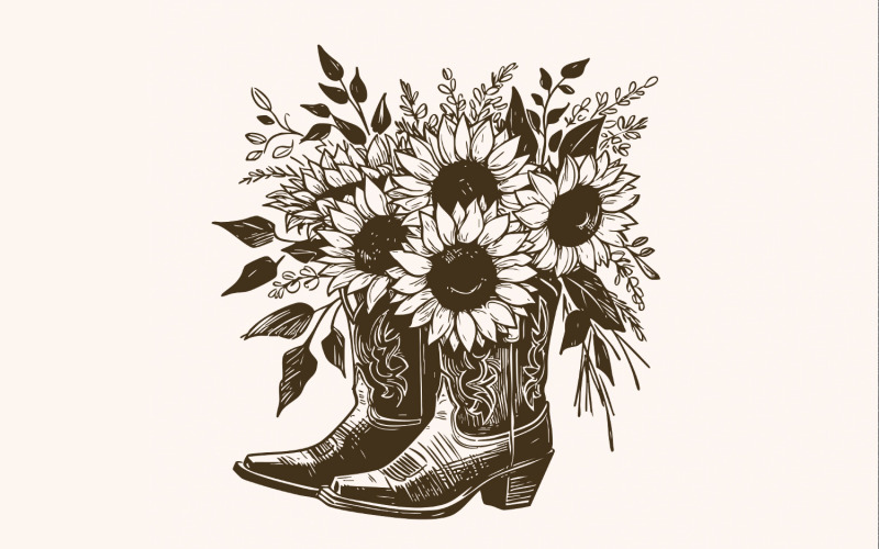 Sunflower Cowboy Boots png PNG, Retro Cowgirl Boot Clipart, Vintage Flower Western Illustration,