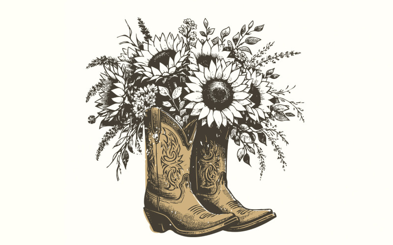 Sunflower Cowgirl Boots png PNG, Retro Cowgirl Boot Clipart, Vintage Flower Western Illustration,