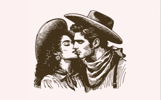Western Cowboy Cowgirl Kiss PNG, Vintage Illustration, Digital Download, Trendy Western Valentine,