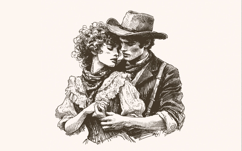 Western Love PNG, Retro Cowboy Cowgirl Kiss, Vintage Illustration, Digital Download, Trendy Western