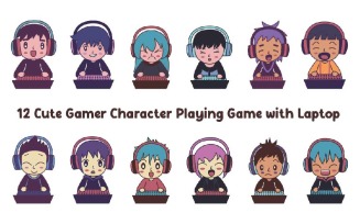 12 Cute Gamer Character Playing Game with Laptop