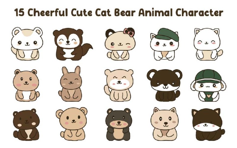 15 Cheerful Cute Cat Bear Animal Character Illustration
