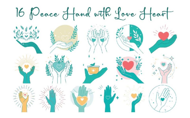16 Peace Hand with Love Heart Illustration
