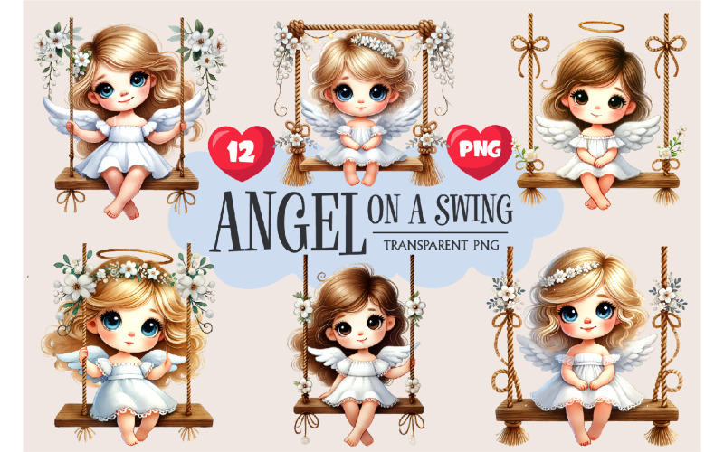Cute Angel on Swing. Clipart, PNG. Illustration