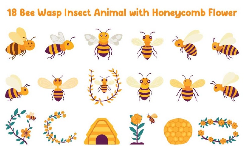 18 Bee Wasp Insect Animal with Honeycomb Flower Illustration