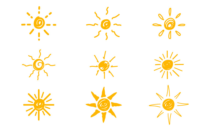 Hand drawn Sun. Set of Sun icon. Doodle children drawing. Solar icon Vector illustration Illustration