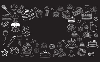 Line art vector design with cute doodles of cakes cupcakes design template v.3