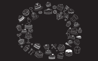 Line art vector design with cute doodles of cakes cupcakes design template v.5