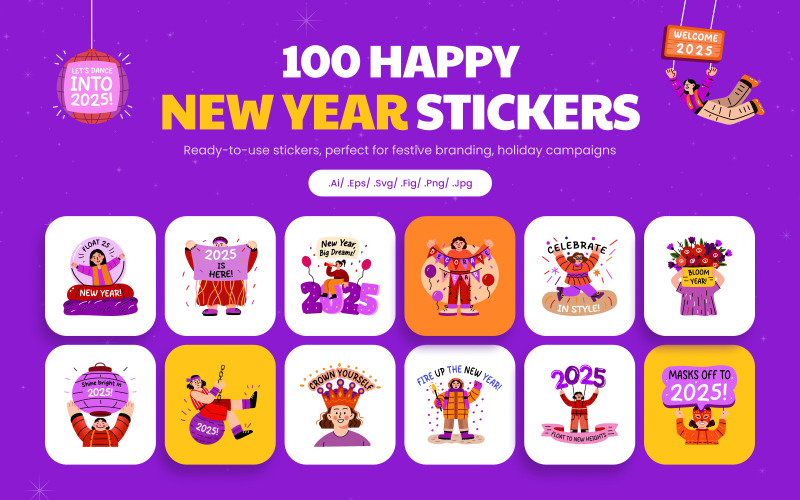 New Year Stickers Collection Icon Set