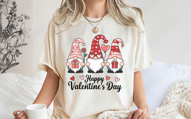 Three adorable cartoon valentine gnomes holding valentine T-shirt