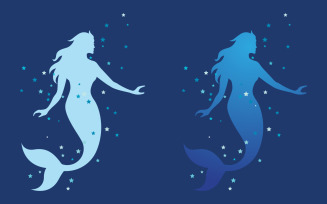Beauty ocean Mermaid silhouette with particle star vector icon illustration logo design template v.5