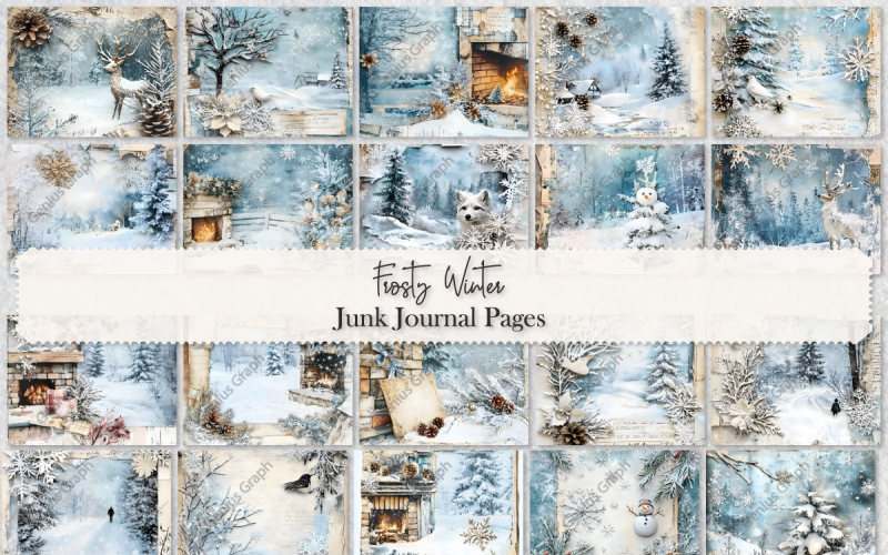 Frosty Winter Junk Journal Page Bundle Illustration