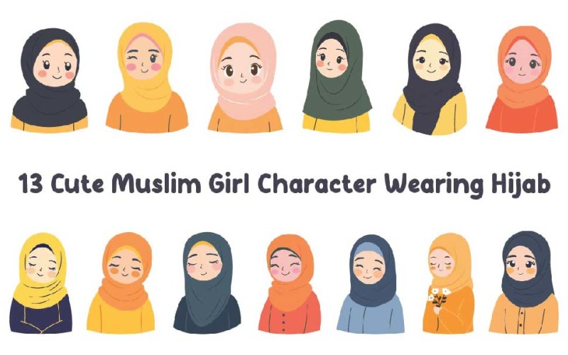 13 Cute Muslim Girl Character Wearing Hijab Illustration