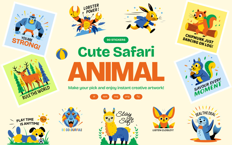 Cute Safari Animal Stickers Icon Set