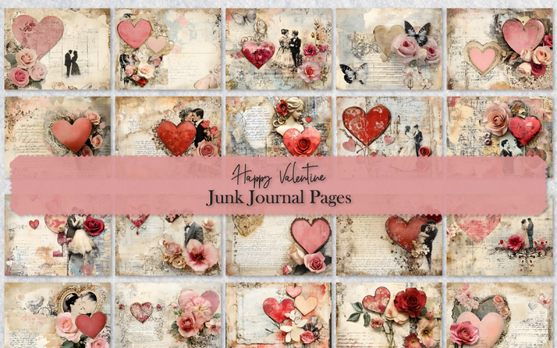 Valentine Theme Junk Journal Page Bundle Illustration