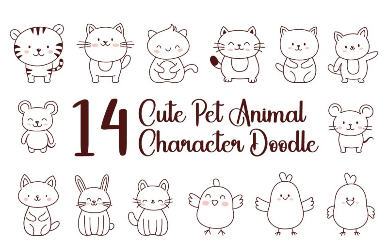 14 Cute Pet Animal Character Doodle Illustration