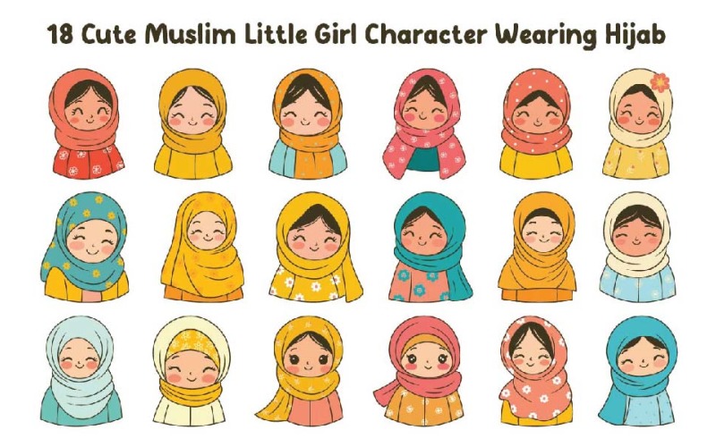 18 Cute Muslim Little Girl Character Wearing Hijab Illustration