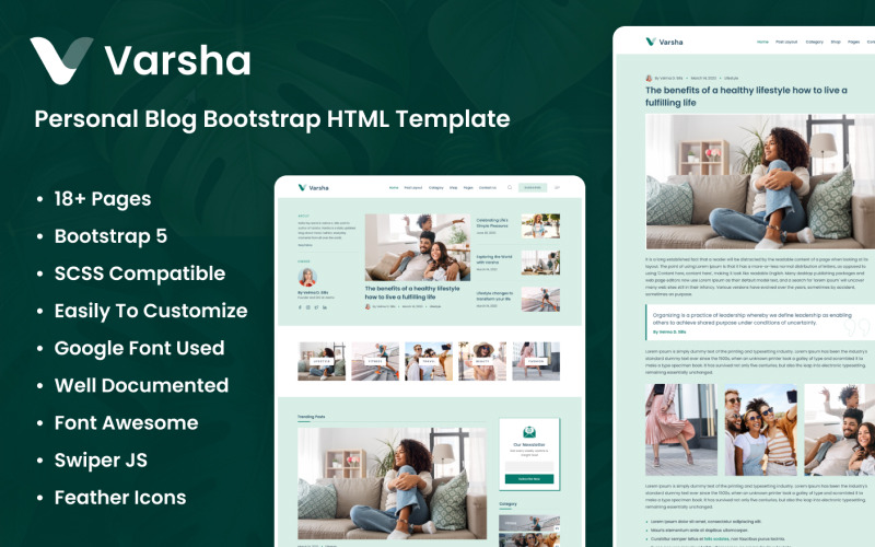 Varsha: Personal Blog Bootstrap HTML Template Website Template